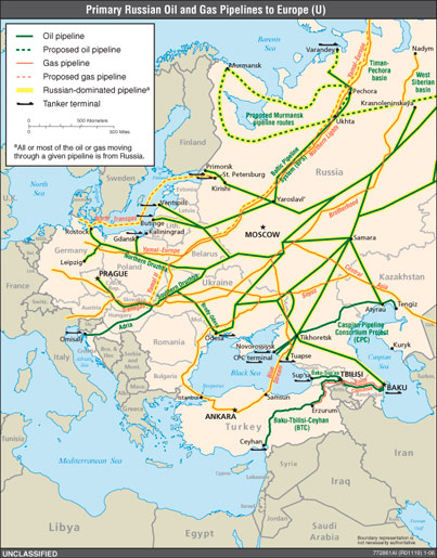 Primary Russian Oil and Gas Pipelines to Europe